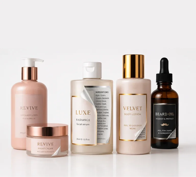 Cosmetic peel and reveal label lifting to show printed information underneath