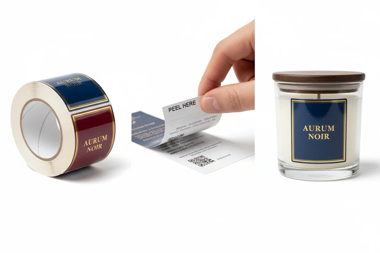 eel and reveal label on a roll, shown being peeled back to expose the hidden layer, followed by the label being applied to a product for demonstration.