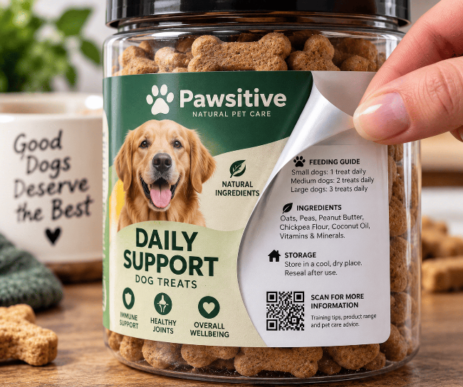 Peel and reveal labels for food supplements and pet care products