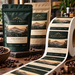 Premium coffee labels printed on a roll alongside matching Ridge & Roast coffee pouches, featuring a luxury green and gold Colombia single-origin design.