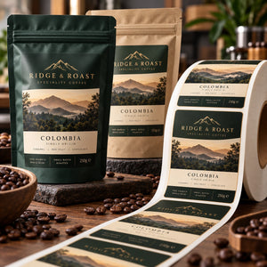 Premium coffee labels printed on a roll alongside matching Ridge & Roast coffee pouches, featuring a luxury green and gold Colombia single-origin design.