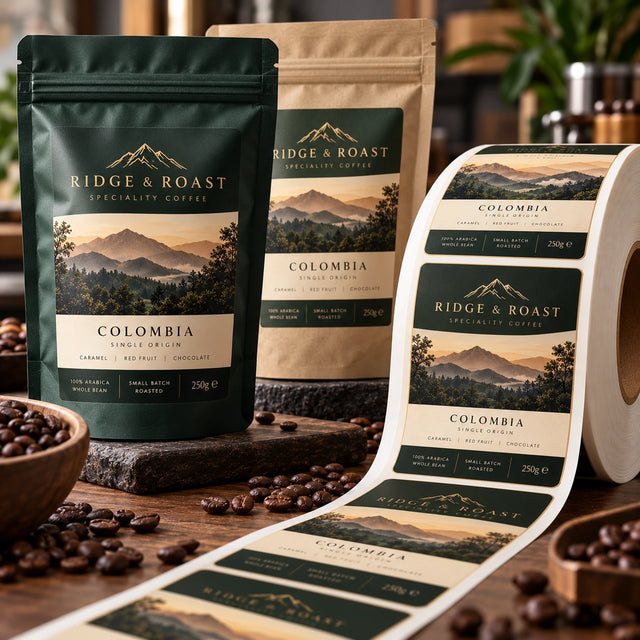 Premium coffee labels printed on a roll alongside matching Ridge & Roast coffee pouches, featuring a luxury green and gold Colombia single-origin design.