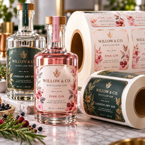 Premium custom printed gin bottle labels on rolls, featuring Willow & Co. pink gin and London dry gin bottles with elegant botanical designs and metallic gold detailing.