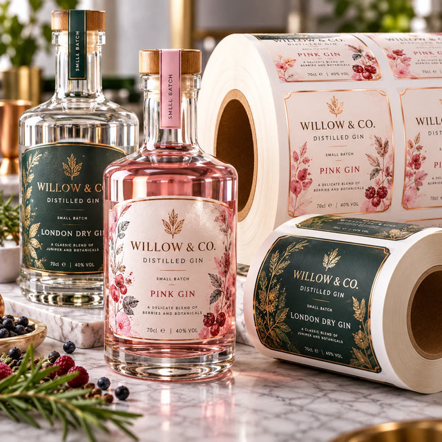 Premium custom printed gin bottle labels on rolls, featuring Willow & Co. pink gin and London dry gin bottles with elegant botanical designs and metallic gold detailing.