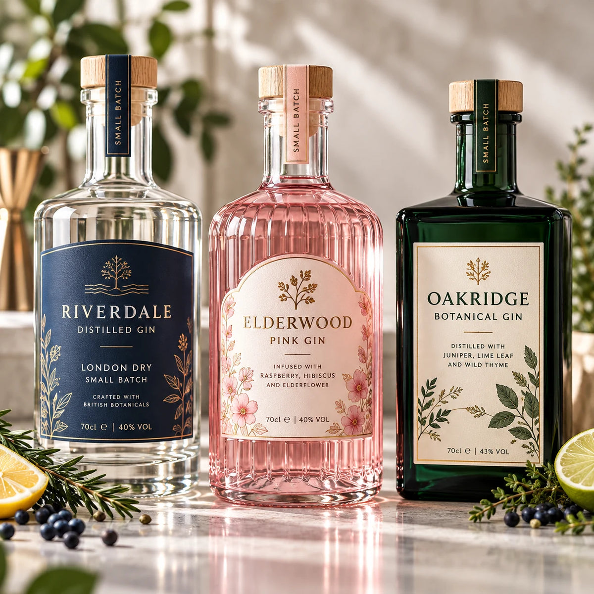 Premium gin bottles featuring Riverdale London Dry Gin, Elderwood Pink Gin and Oakridge Botanical Gin, with elegant custom printed labels, botanical illustrations and luxury branding.