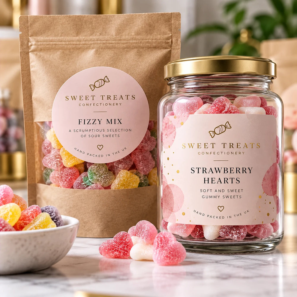 Matt white paper label on a premium sweet pouch
