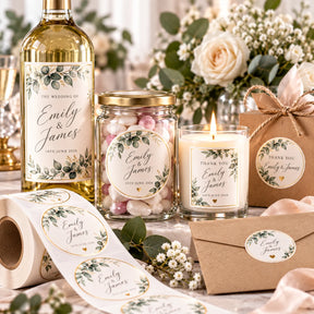 Premium personalised wedding labels featuring elegant eucalyptus and gold designs on wine bottles, sweet favour jars, candles, gift boxes and envelopes, with matching custom printed labels on rolls.