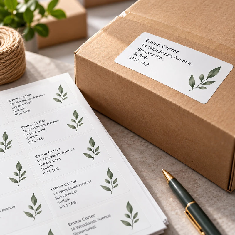 Premium printed address labels on sheets with a personalised mailing label applied to a kraft parcel box.