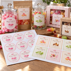 Premium custom printed sweet labels on A4 sheets, displayed alongside branded sweet jars, confectionery pouches and gift boxes.