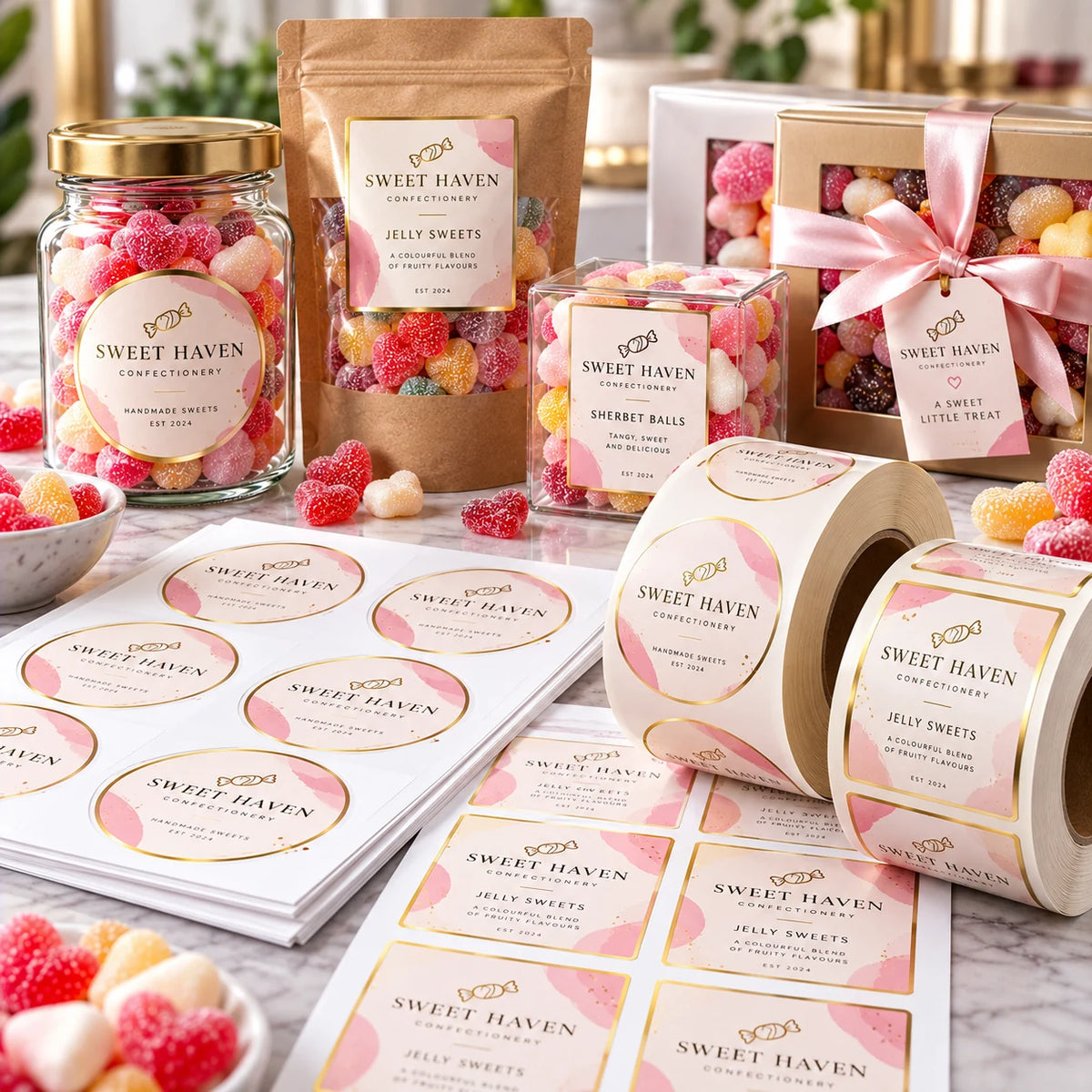 Sweet labels printed on A4 sheets and rolls for confectionery packaging