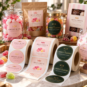 Premium custom printed sweet labels on rolls displayed alongside branded confectionery jars, sweet pouches and luxury chocolate boxes.
