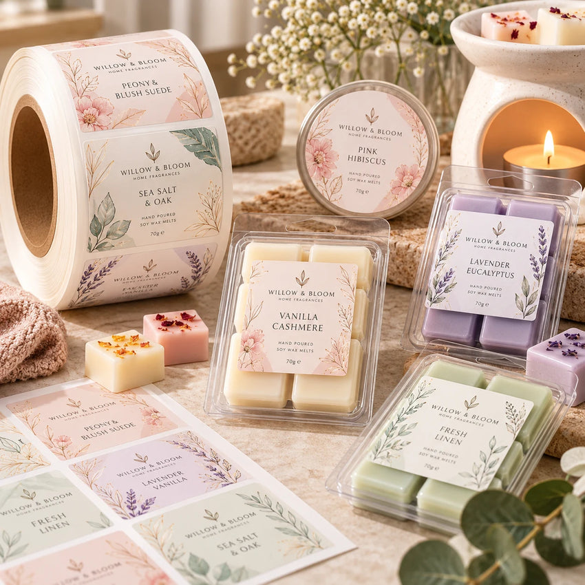 Premium custom printed wax melt labels on rolls and A4 sheets, featuring Willow & Bloom botanical designs in blush pink, lavender and sage green, displayed on scented wax melt clamshells and round containers.