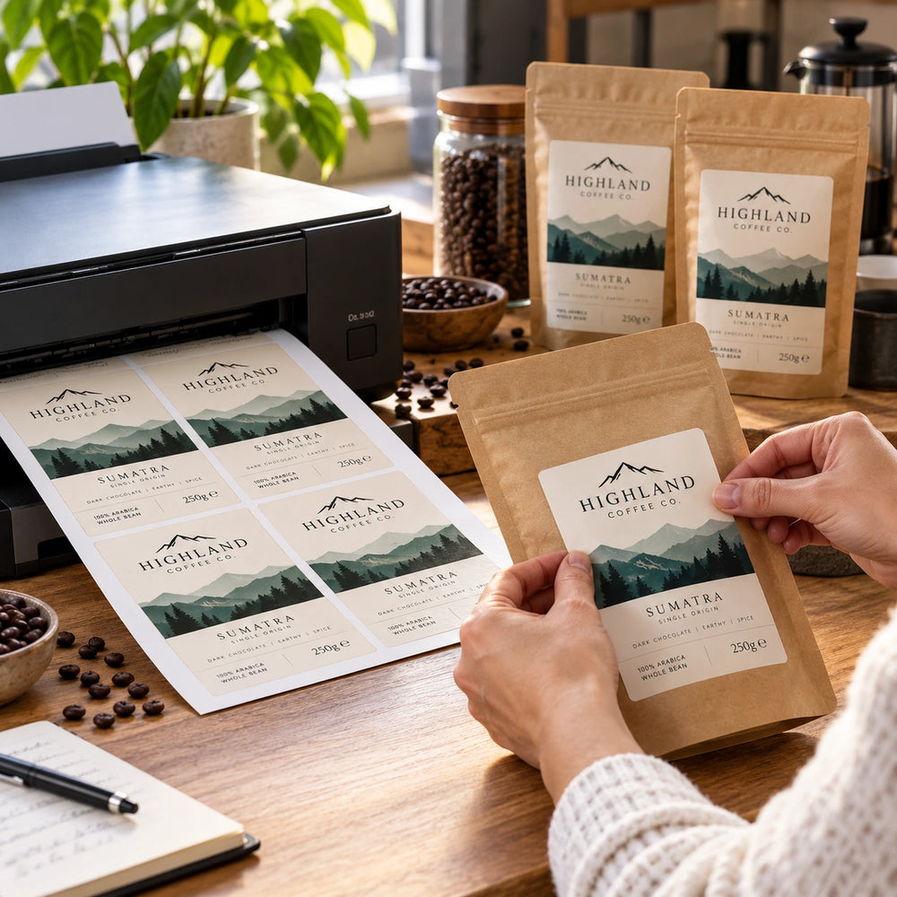 Blank A4 labels being used for coffee packaging