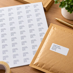 Printed return address labels on a sheet with a personalised address label applied to a kraft padded mailing envelope.