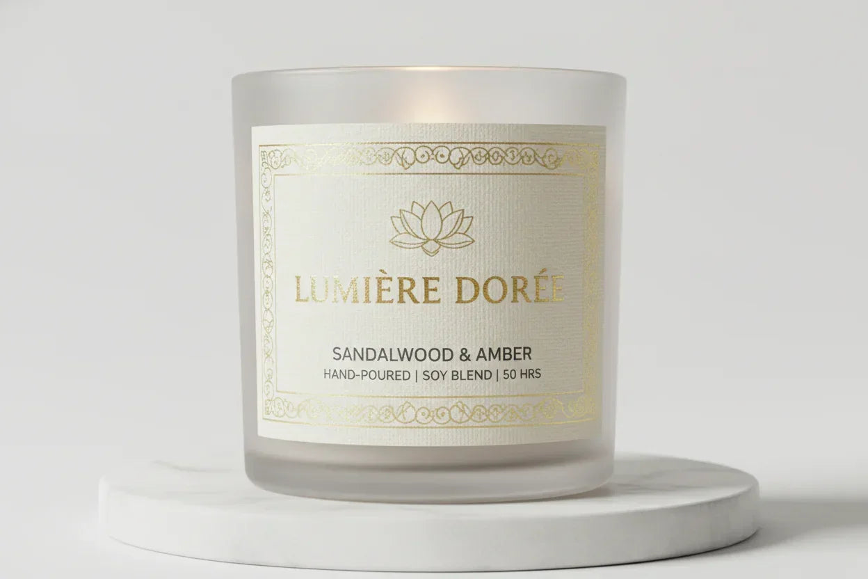 printed candle labels printed high quality with foil and printed digitally on a textured paper - labelled onto a candle jar