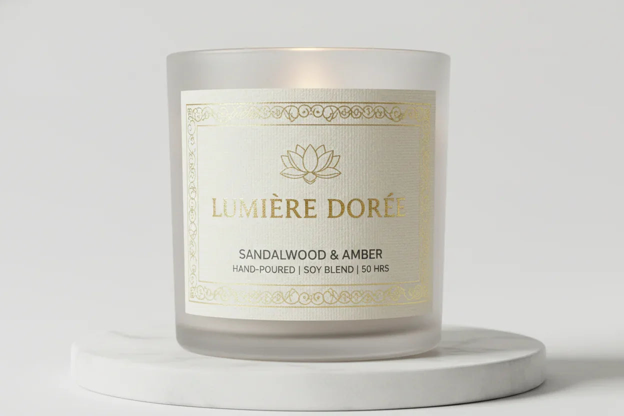 printed candle labels printed high quality with foil and printed digitally on a textured paper - labelled onto a candle jar