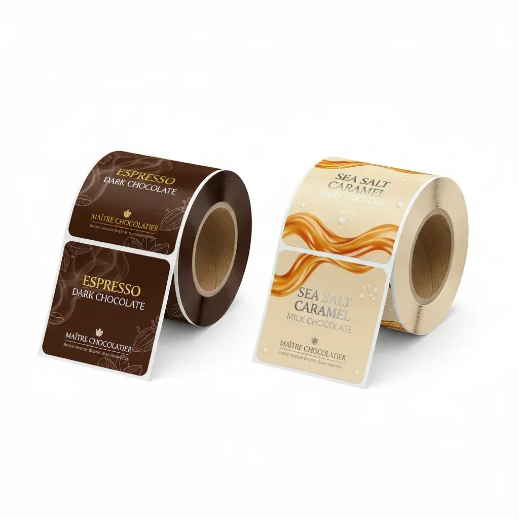 custom printed premium labels on a roll, dark cholocate and sea salt, using our white pp perm material, printed with a hp  digicon