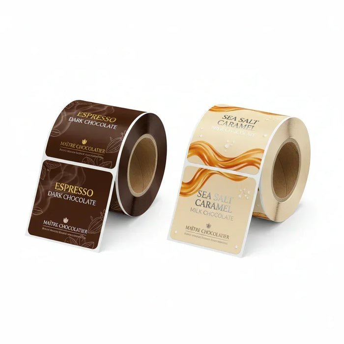 custom printed premium labels on a roll, dark cholocate and sea salt, using our white pp perm material, printed with a hp  digicon