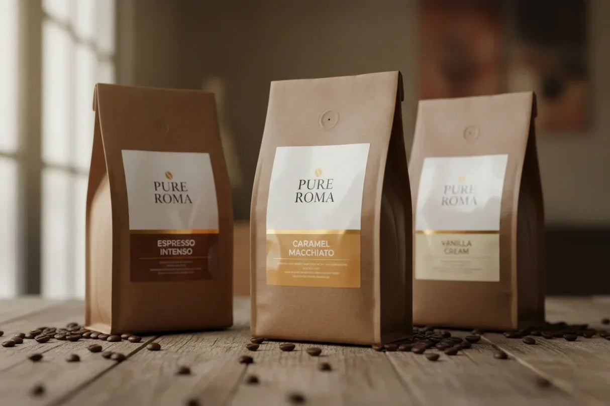 Three Pure Roma coffee bags with glossy inkjet labels showing Espresso Intenso, Caramel Macchiato, and Vanilla Cream flavours, displayed on a wooden table with coffee beans scattered around.