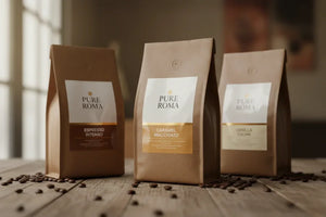 Three Pure Roma coffee bags with glossy inkjet labels showing Espresso Intenso, Caramel Macchiato, and Vanilla Cream flavours, displayed on a wooden table with coffee beans scattered around.