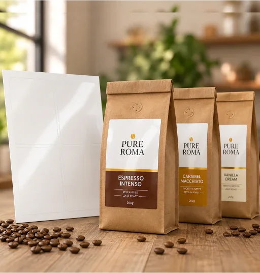 Three Pure Roma coffee bags with glossy inkjet labels showing Espresso Intenso, Caramel Macchiato, and Vanilla Cream flavours, displayed on a wooden table with coffee beans scattered around.