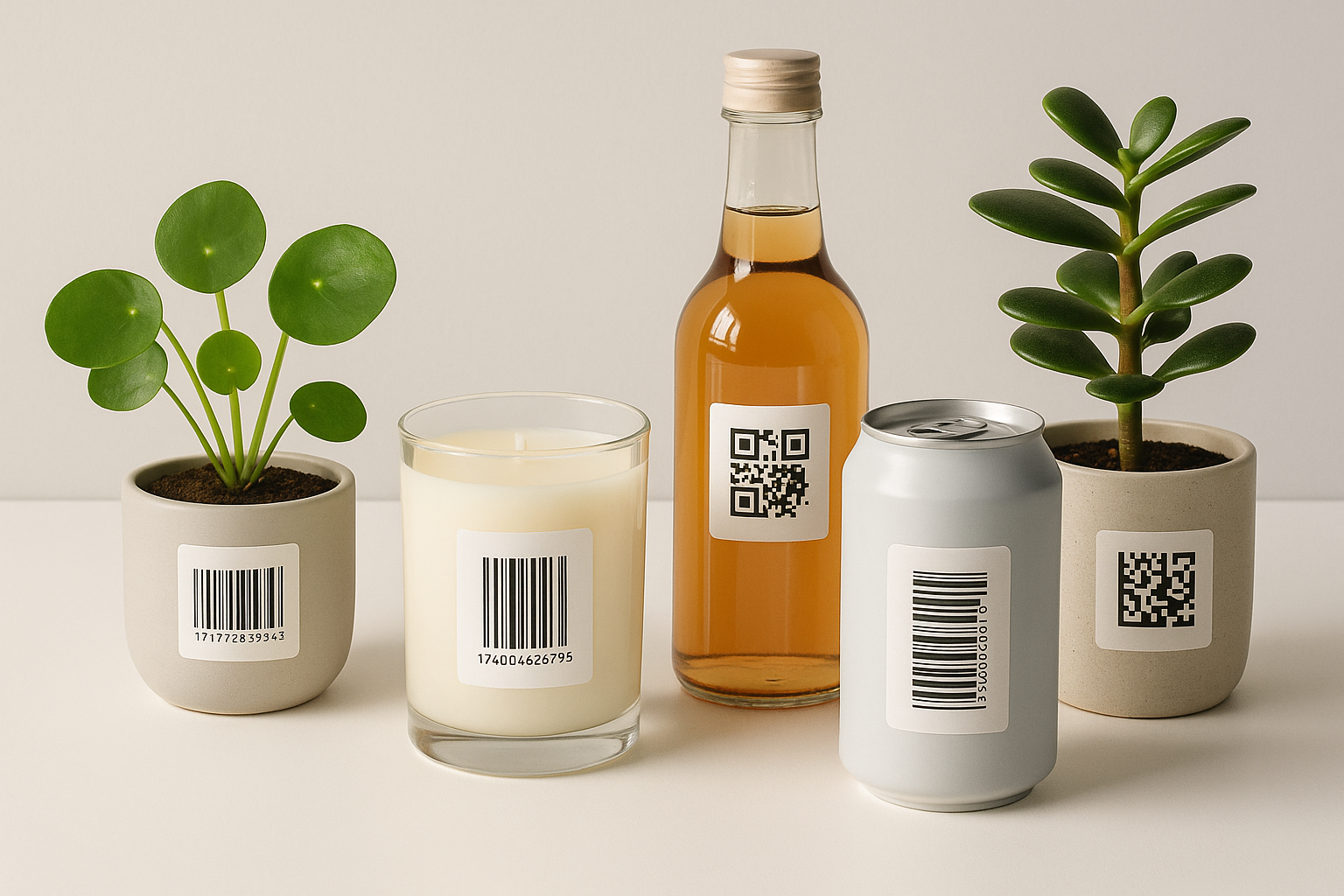 QR labels and barcoded labels on products such as plants, candles or drinks with a nice neutral modern background