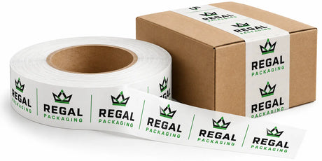 Regal Packaging custom printed machine tape in black and green shown on a large roll and sealing a cardboard box