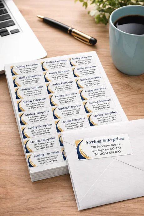 Sheet of printed business cards with an envelope on a desk with a cup of coffee and pen.