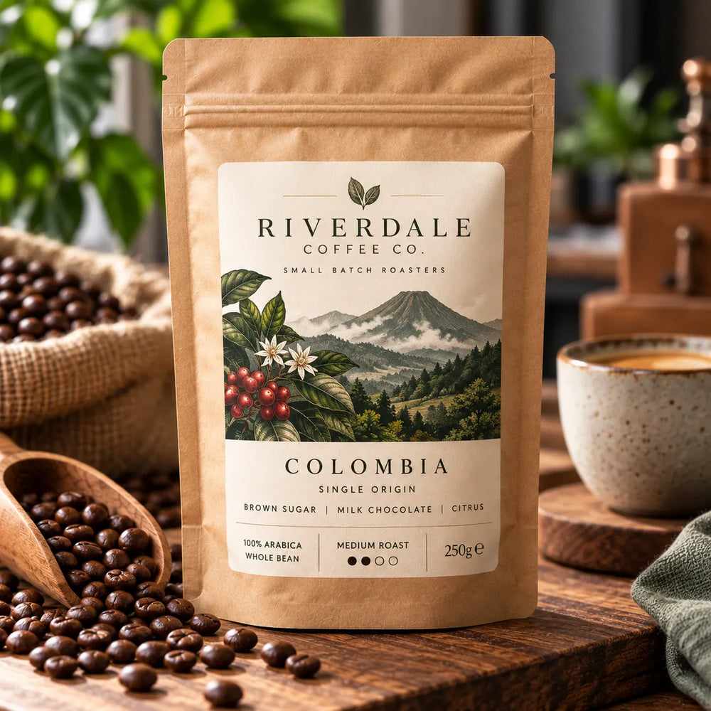 Matt white paper label on a premium coffee pouch