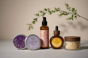 Cosmetic jars and bottles with round gloss labels in various designs, showing how glossy laser labels create a premium, professional finish for product packaging