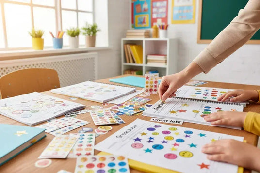 a table full of different types of school stickers