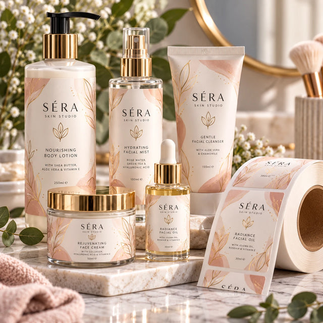 Premium custom printed cosmetic labels on rolls, featuring SÉRA Skin Studio skincare bottles, facial cream jars and cosmetic tubes with elegant blush pink, cream and gold botanical designs.