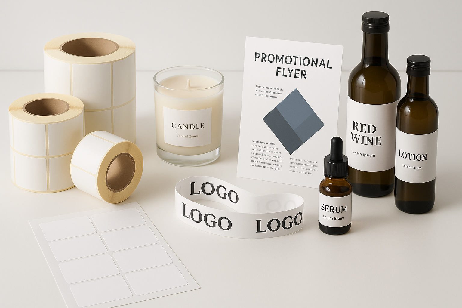 showcase products with labels, labels on a roll, labels on an A4 sheet, printed logo tape. maybe add a decorative candle, flyer and some bottles