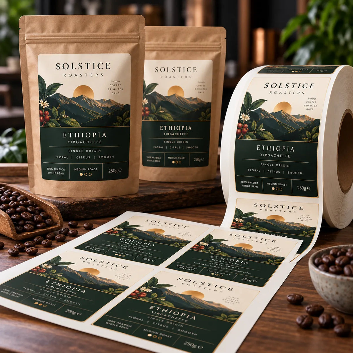 Premium coffee pouch label design showing branding and product information