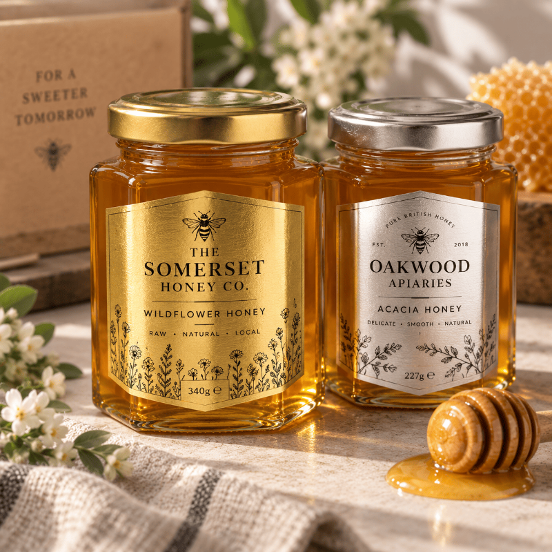 Metallic gold label on a premium honey jar