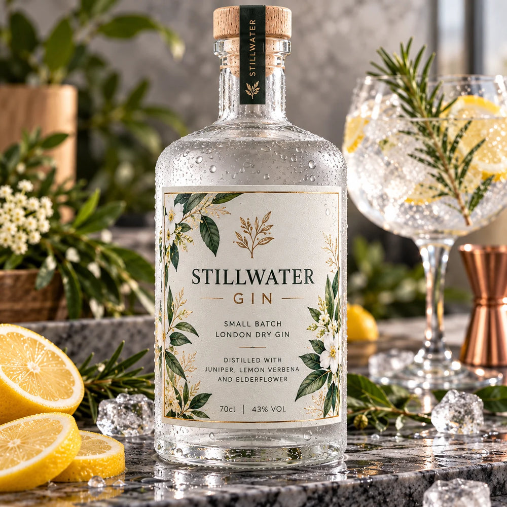 Durable waterproof polyester label on a gin bottle