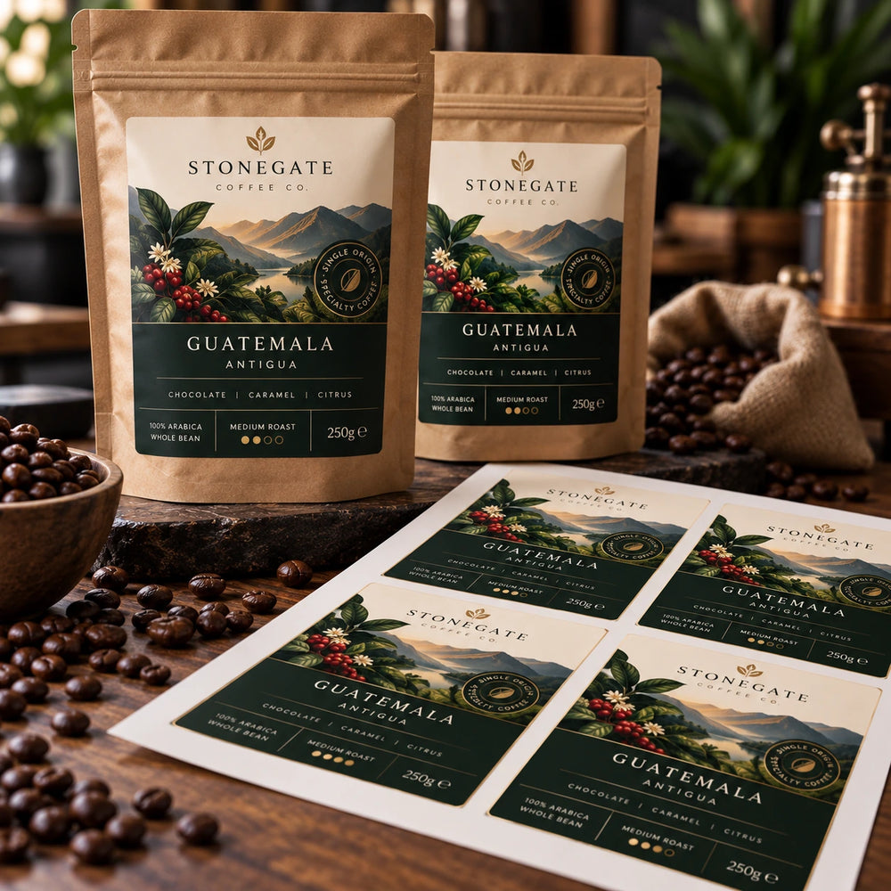 Professionally printed coffee labels supplied on A4 sheets