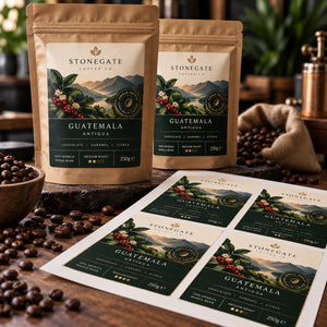 Premium Stonegate Coffee Co. labels printed on sheets alongside matching kraft coffee pouches, featuring an elegant Guatemala single-origin coffee design.