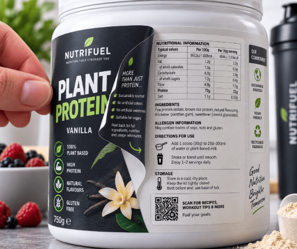 Peel and reveal product label with ingredients directions feeding guidance and detailed information