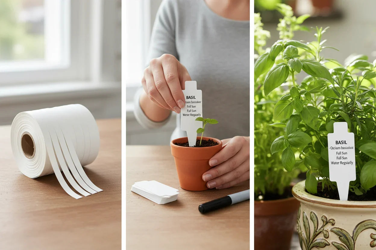 three images in one with hoirticukltral labels on a roll, then some being handled, then the finmish plant with a label