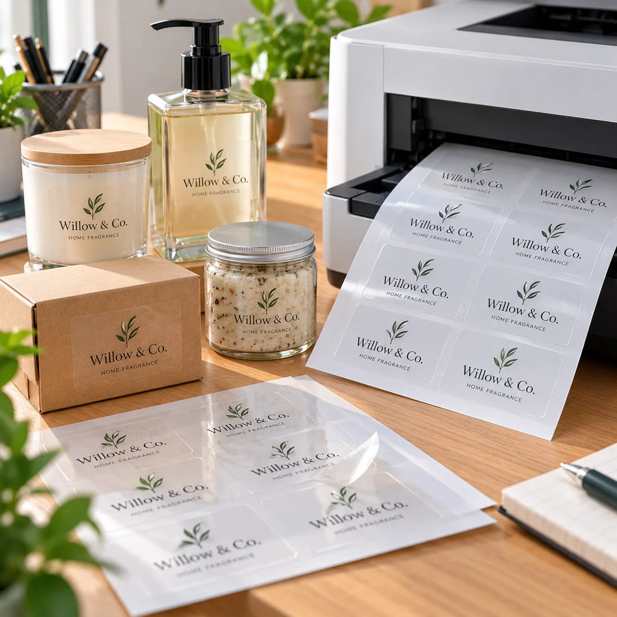 Transparent A4 laser printer labels being printed at home, with clear adhesive labels applied to glass jars, bottles, candles and product packaging.
