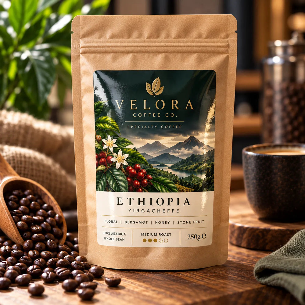 Gloss white label on a retail coffee pouch