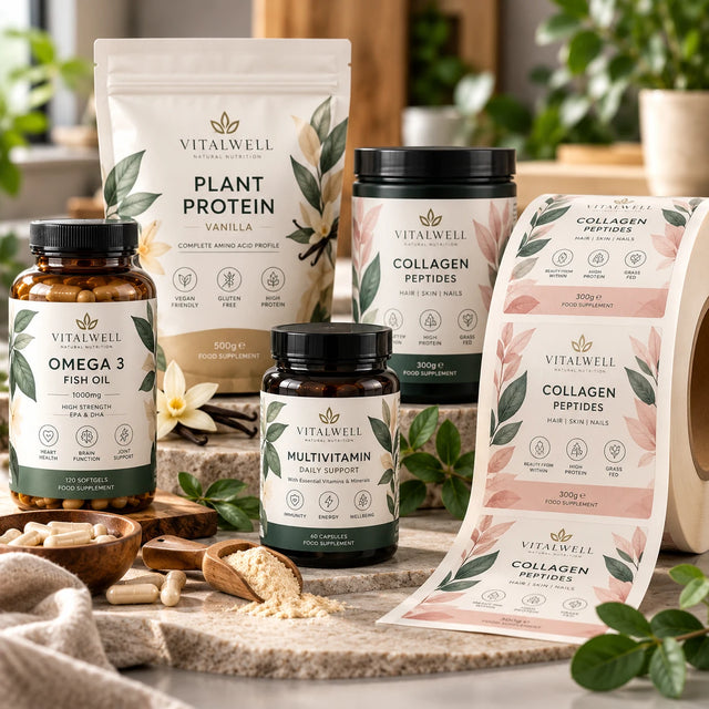 Premium custom printed supplement labels on rolls, featuring Vitalwell Natural Nutrition protein pouches, collagen tubs, omega 3 bottles and multivitamin jars with elegant botanical designs in sage green, cream and blush pink.