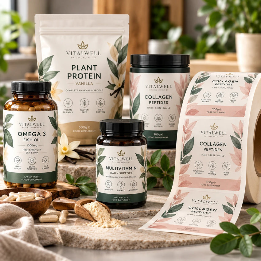 Premium custom printed supplement labels on rolls, featuring Vitalwell Natural Nutrition protein pouches, collagen tubs, omega 3 bottles and multivitamin jars with elegant botanical designs in sage green, cream and blush pink.