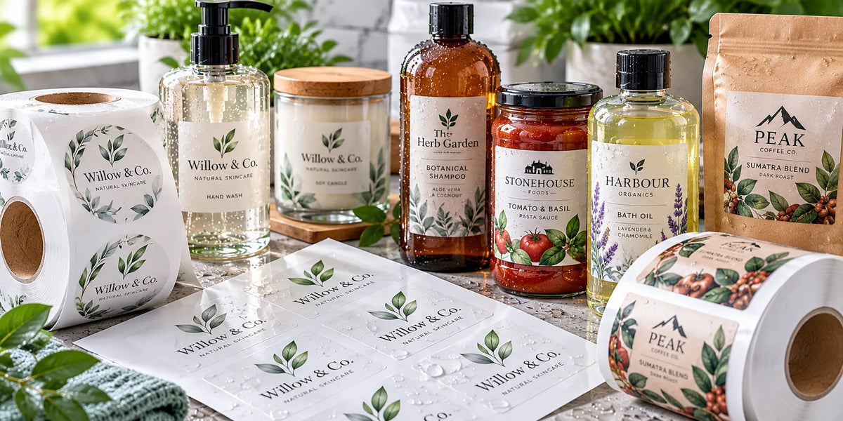 Waterproof printed labels on sheets and rolls, displayed alongside labelled bottles, cosmetic jars, food packaging and coffee bags with water droplets.