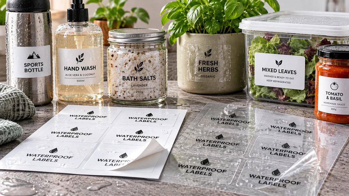 White and transparent waterproof adhesive labels on bottles, jars and food packaging, with water droplets and sheets of waterproof labels.