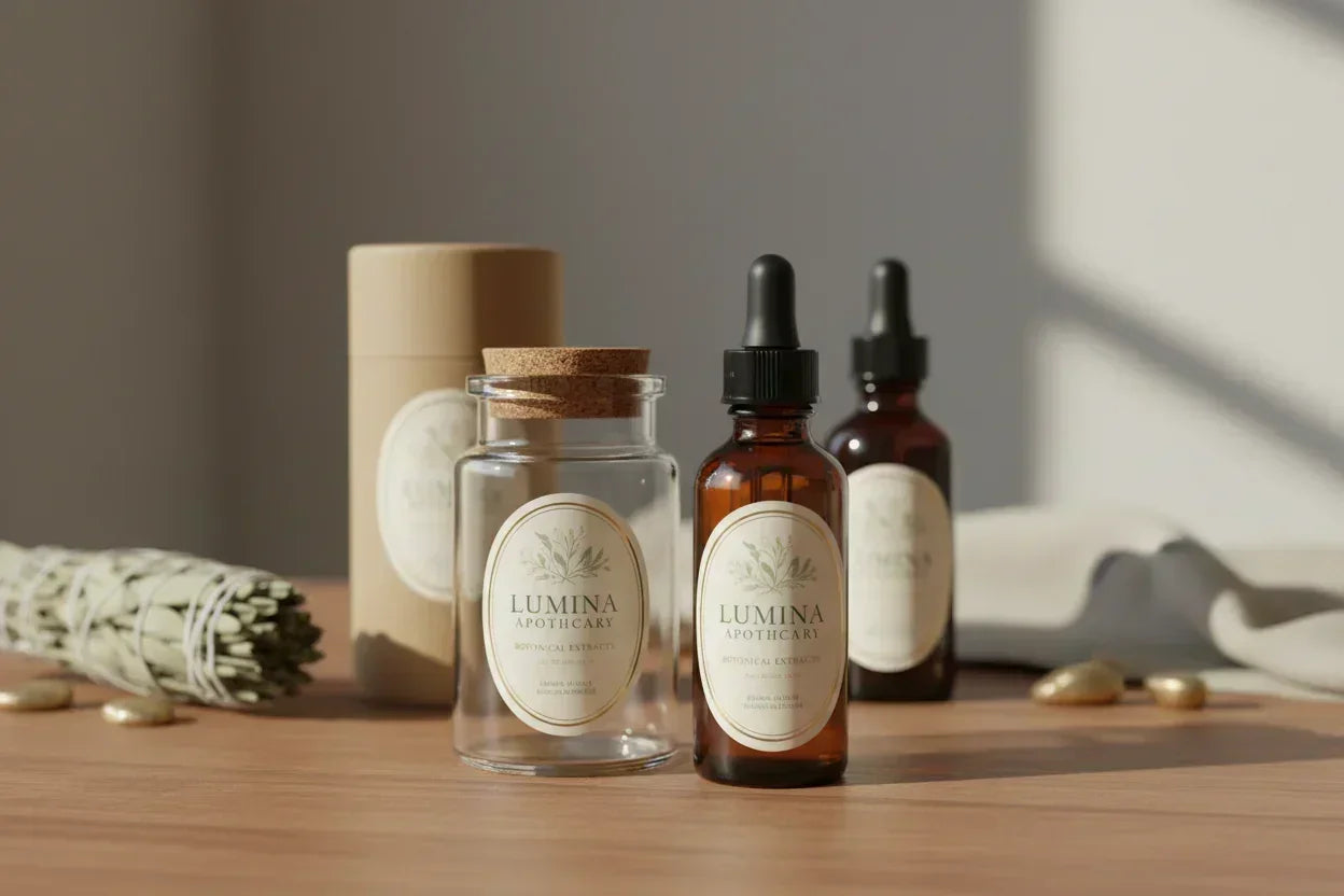 Apothecary bottles and jars using our white oval labels featuring a botanical design.