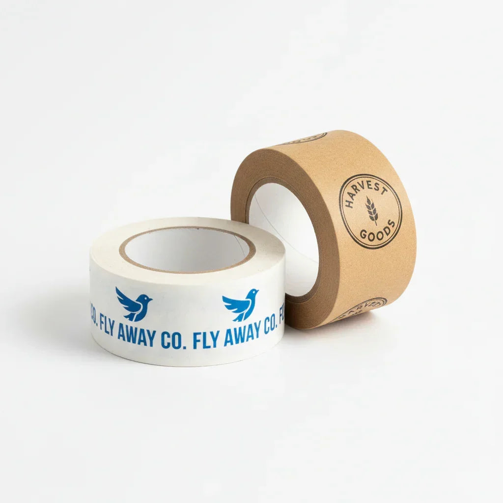Two rolls of tape, one white with blue text and the other brown with black text, on a light gray background.