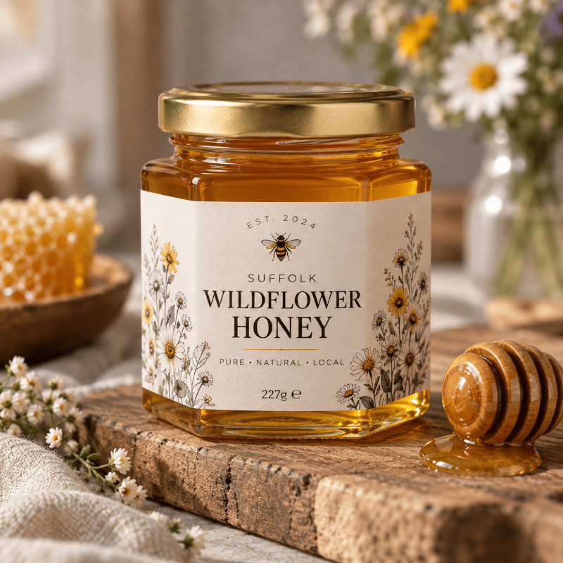 Matt white paper label on a honey jar
