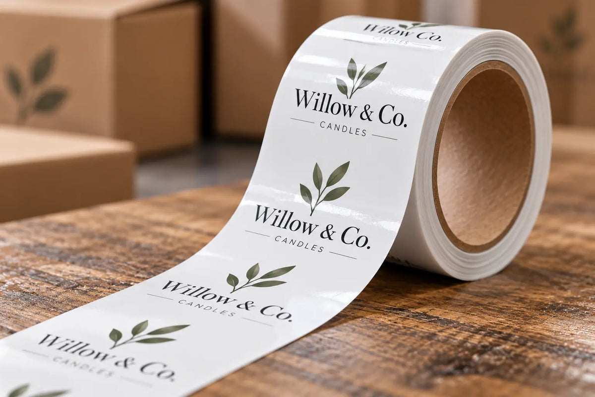 Close up of repeating logo artwork on custom printed packaging tape